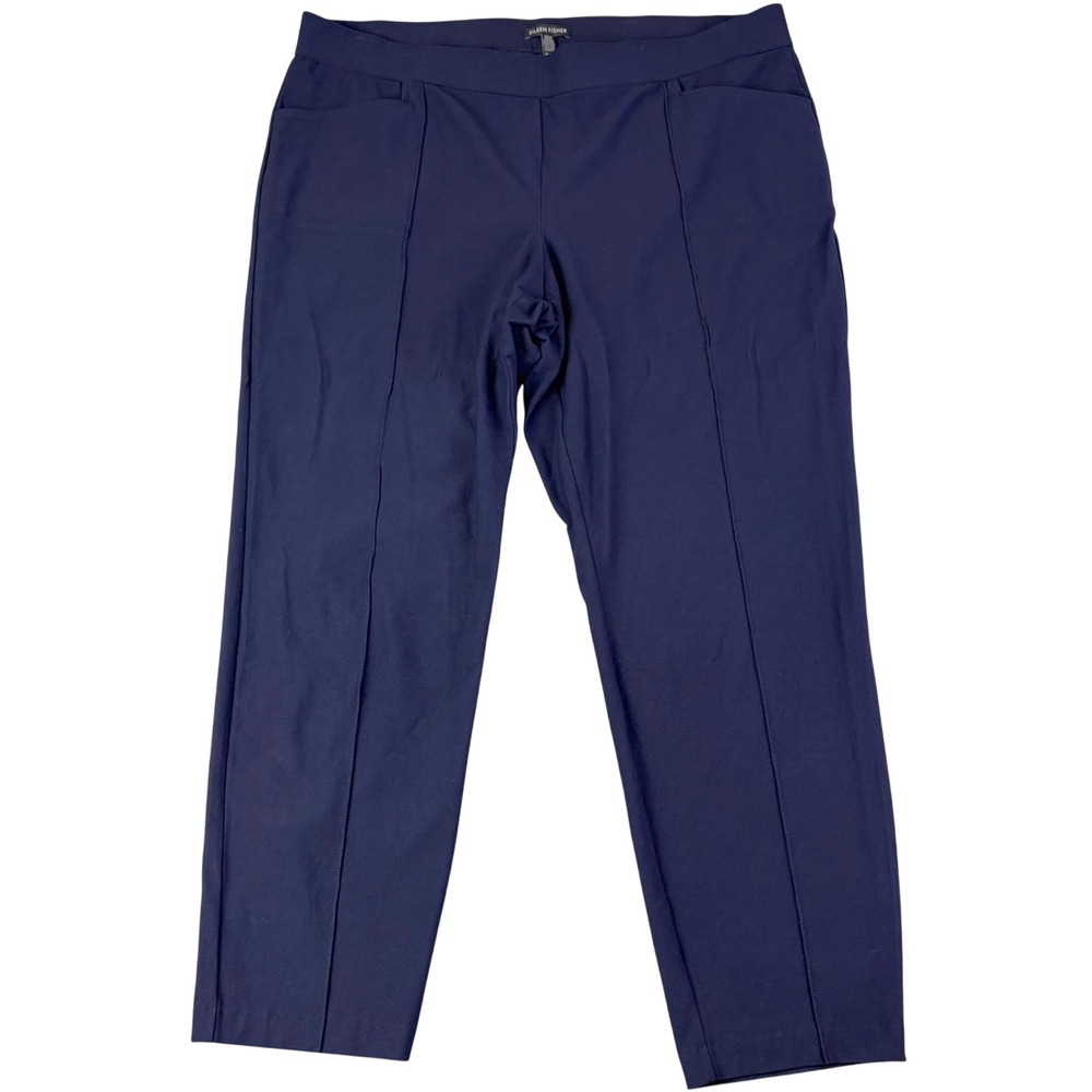 Eileen Fisher XL Navy Blue Pull On Ponte Trousers Pintuck Straight Leg Office